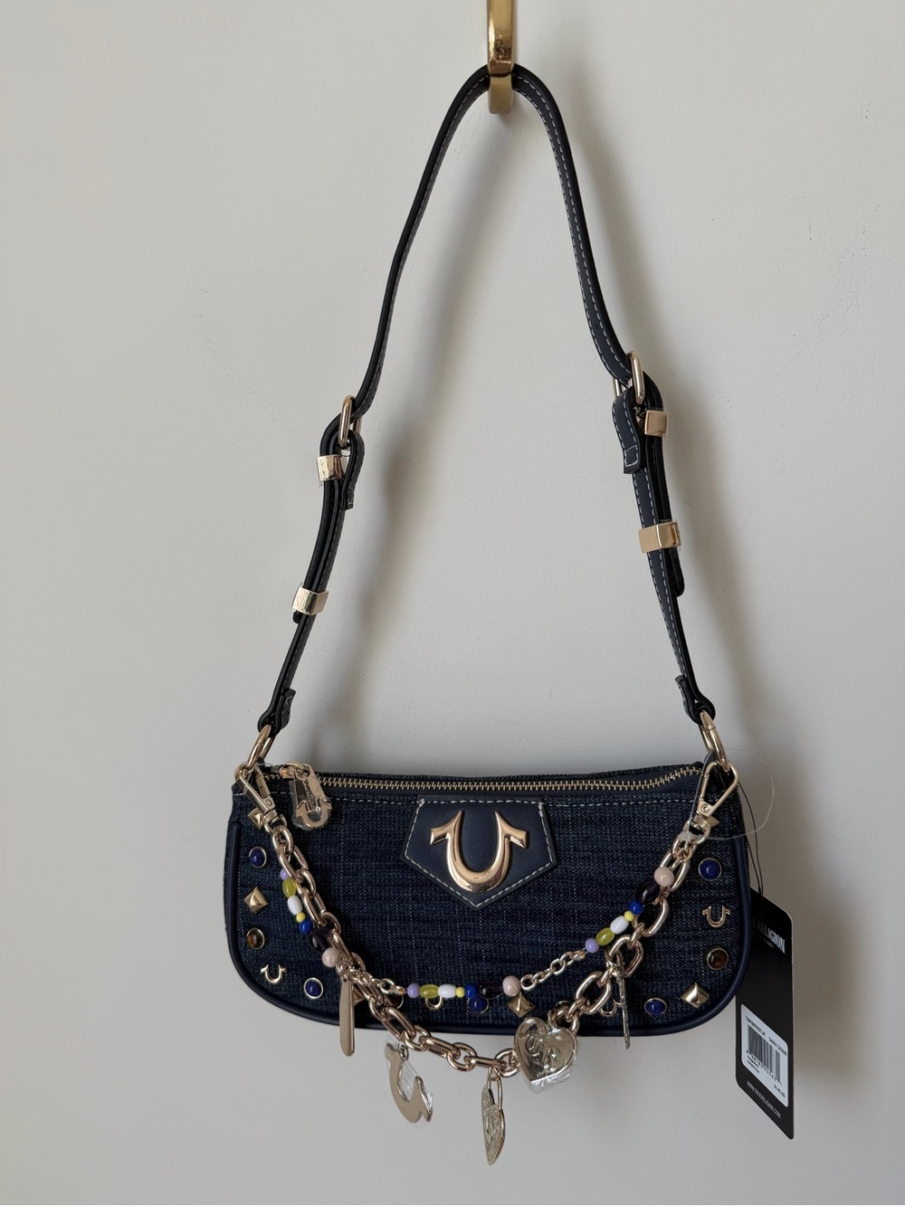True Religion Dark Denim stone stud Shoulder Bag with Gold Hardware and Charms